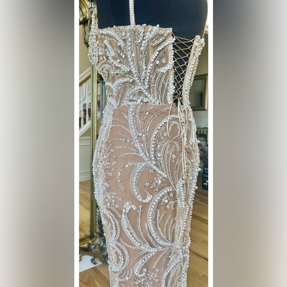 Crystal Beaded Engagement Bridal Sweetheart Neckline Custom Gown Beige Size 4 - Picture 9 of 16